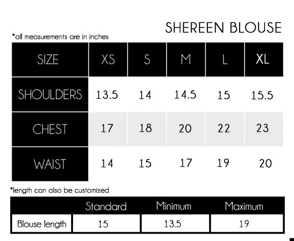 shereen blouse sizes