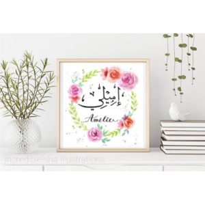 Customized Hand Painted Watercolor Wreathe Name Wall Art