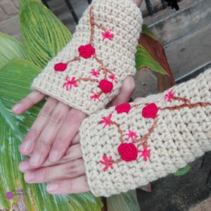Floral Embrioded Crochet Mittens