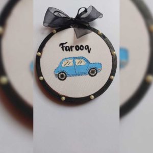 Hand embroidered mini car hoop with customizable name