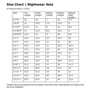 Size Chart for Nightwear