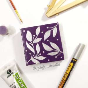 Silver leaves on purple mini canvas