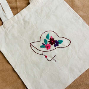 Girl In A Hat Embroidered Tote Bag