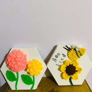 Mini hexagon crochet flower and bee canvases