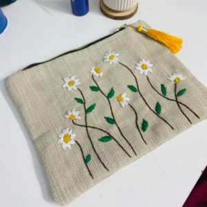 Daisy Embroidered Jute Pouch